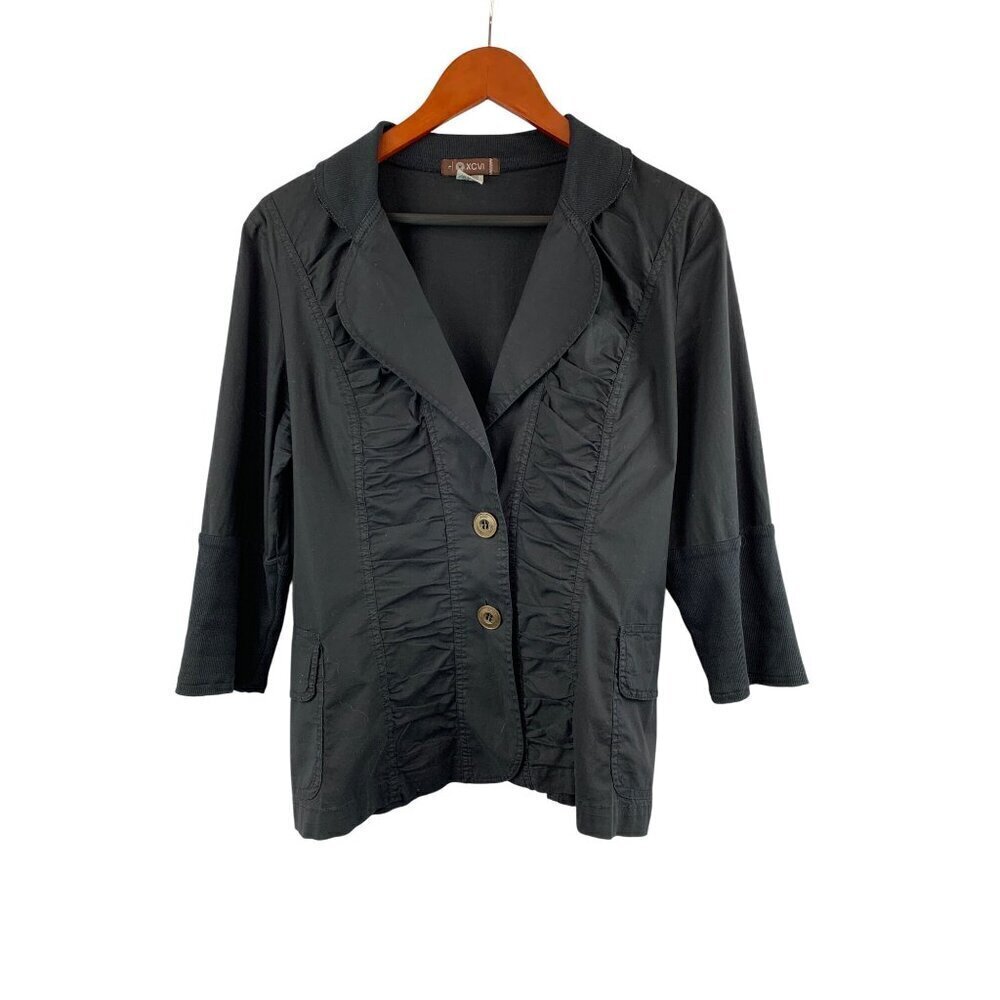 XCVI Womens Black 3/4 Sleeve Ruched Button-Front Jacket Size L